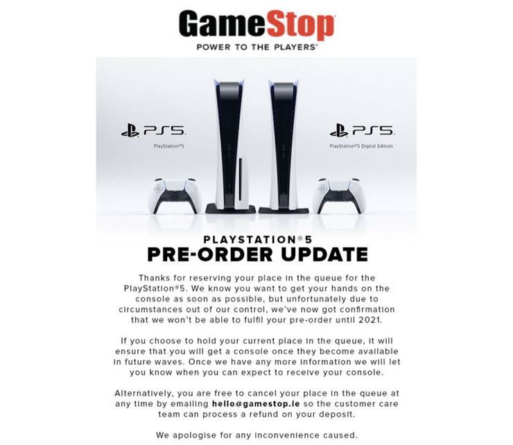 Gamestop Ireland Warns Customers Not To Expect Pre Ordered Ps5s Until 2021