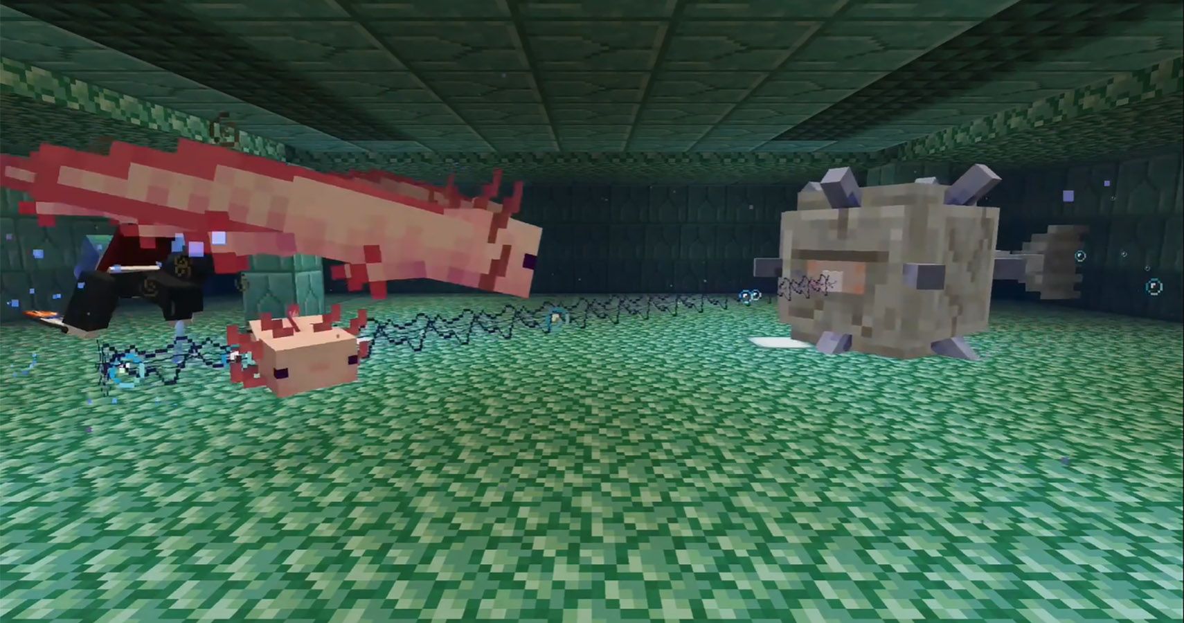 What is the title of this picture ? New Minecraft Axolotls Will Change Water Combat Forever